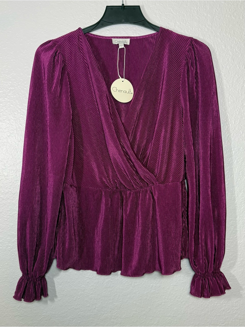 Chenault Pink Pleated Ruffle Long Sleeve V-Neck Blouse 100% Polyester Size L